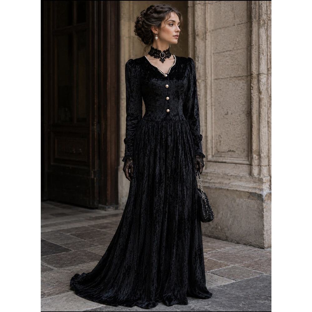 Vintage Glam Victorian Velvet Velour Coin Button Floral Dress Gothic Romance L